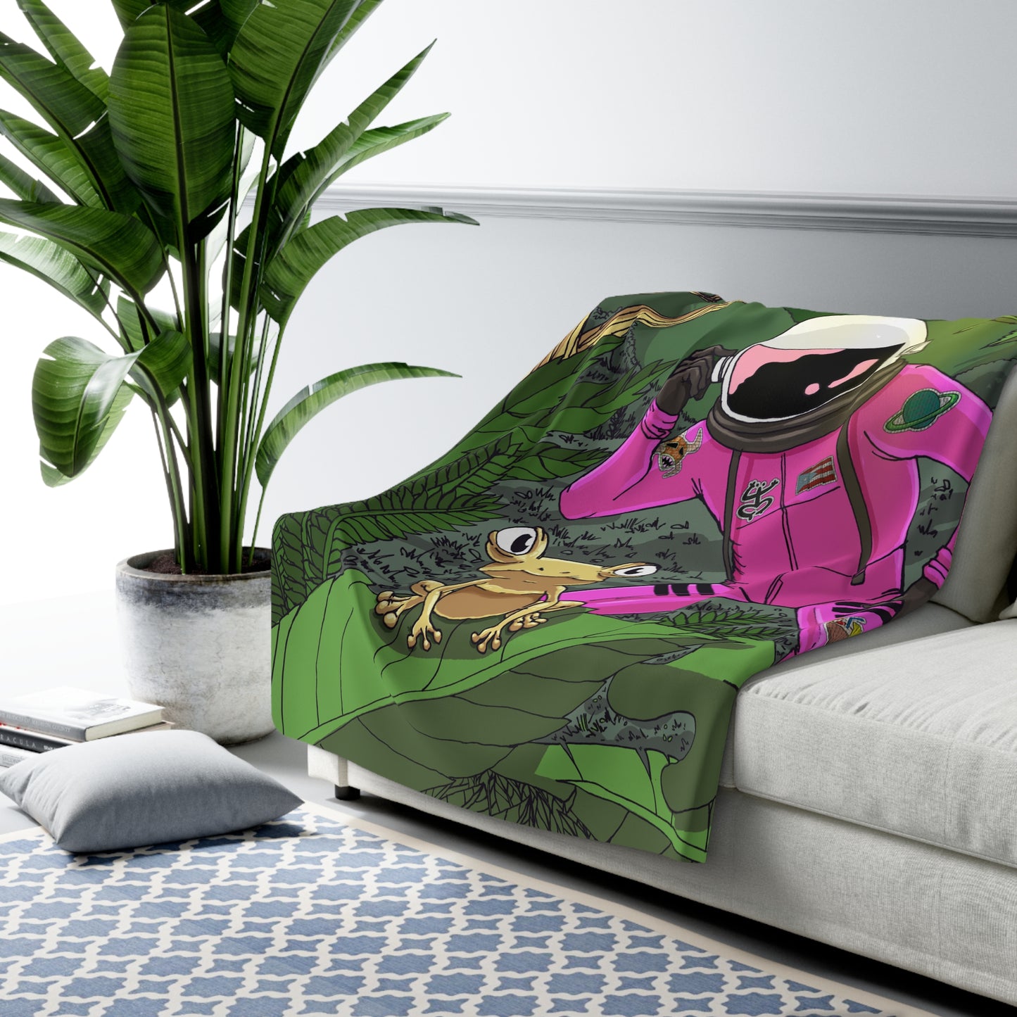 Manta polar Sherpa con diseño de astronauta y coquí | Decoración acogedora para el hogar