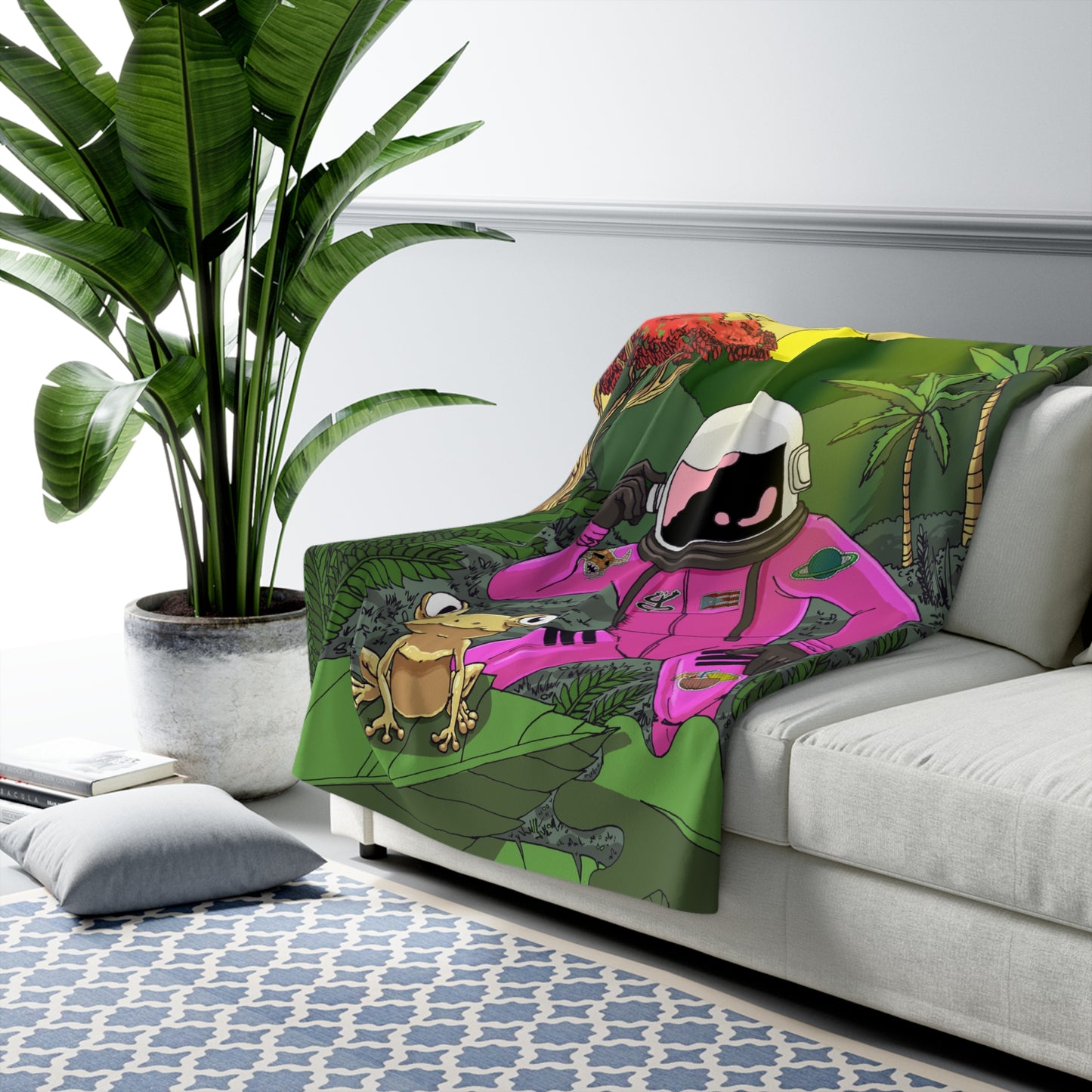 Manta polar Sherpa con diseño de astronauta y coquí | Decoración acogedora para el hogar