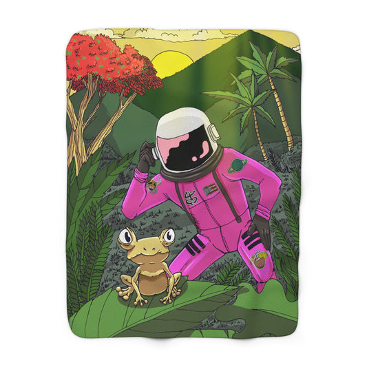 Astronaut and Coqui Sherpa Fleece Blanket Design | Cozy Home Decor