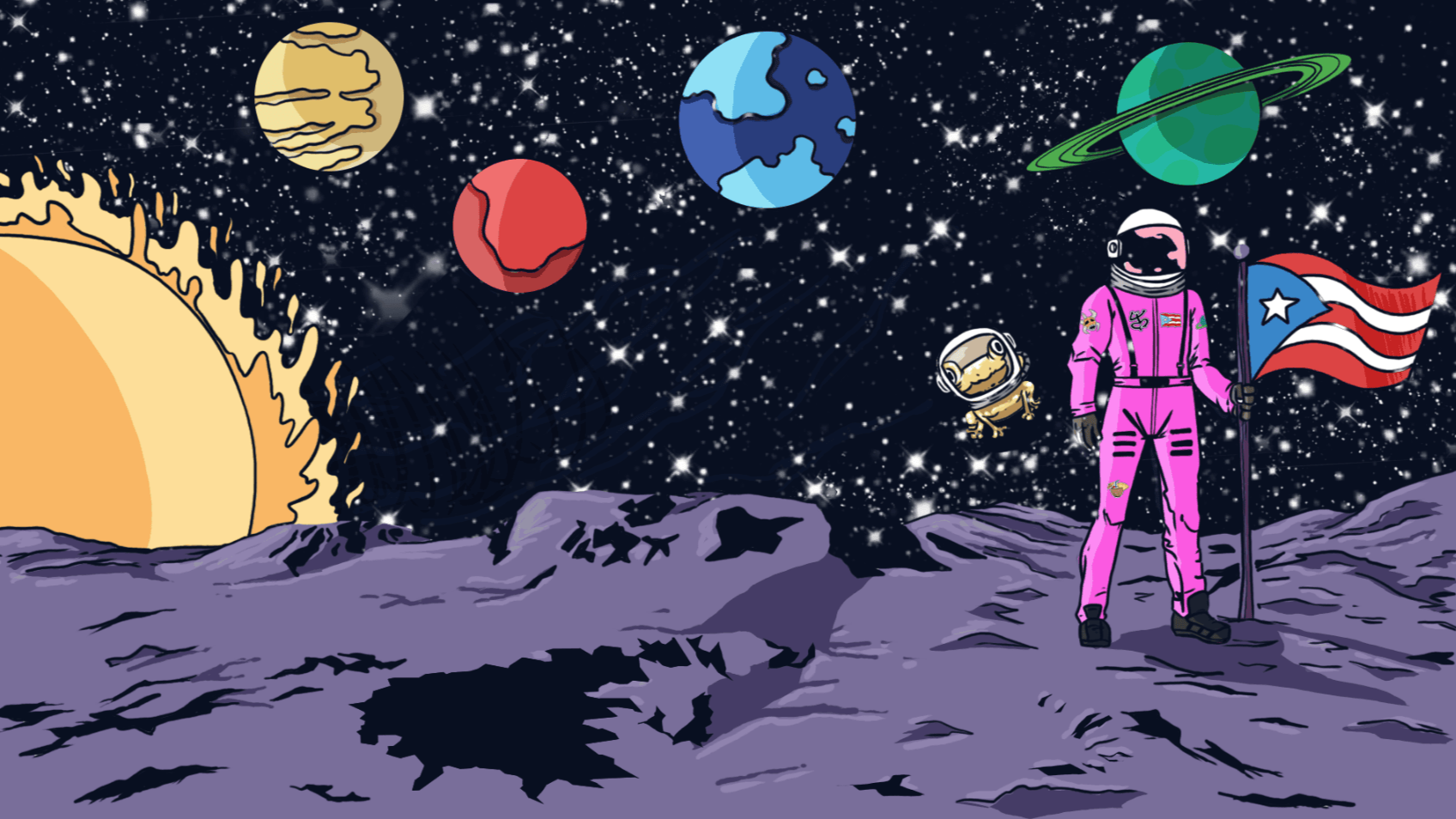 Illustration of an astronaut on the moon with planets and solar system elements in the background.